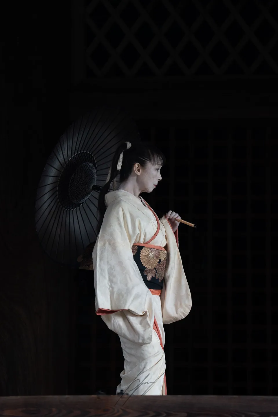 A geisha with a parasol against dark latticework, Kyoto.